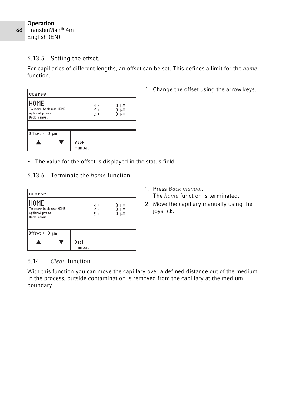 5 setting the offset, 6 terminate the home function, 14 clean function | Setting the offset, Terminate the home function, Clean function | Eppendorf TransferMan4 m User Manual | Page 66 / 96