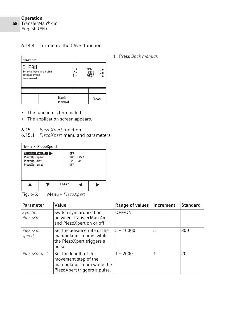 4 terminate the clean function, 15 piezoxpert function, 1 piezoxpert menu and parameters | Terminate the clean function, Piezoxpert function 6.15.1, Piezoxpert menu and parameters | Eppendorf TransferMan4 m User Manual | Page 68 / 96