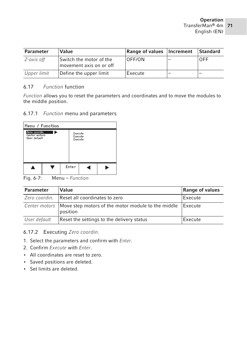 17 function function, 1 function menu and parameters, 2 executing zero coordin | Function function 6.17.1, Function menu and parameters, Executing zero coordin | Eppendorf TransferMan4 m User Manual | Page 71 / 96