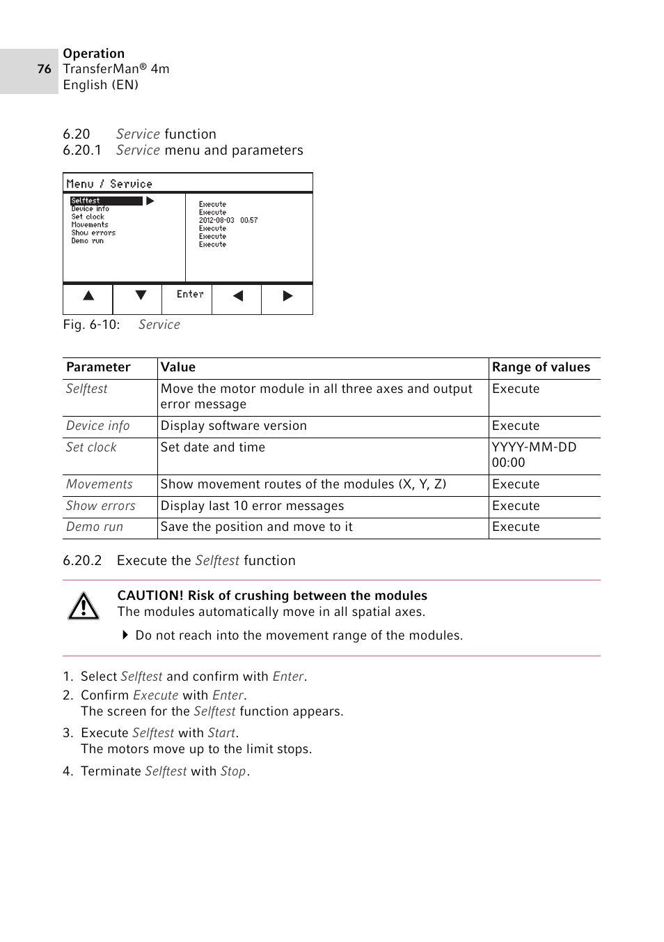 20 service function, 1 service menu and parameters, 2 execute the selftest function | Service function 6.20.1, Service menu and parameters, Execute the selftest function | Eppendorf TransferMan4 m User Manual | Page 76 / 96