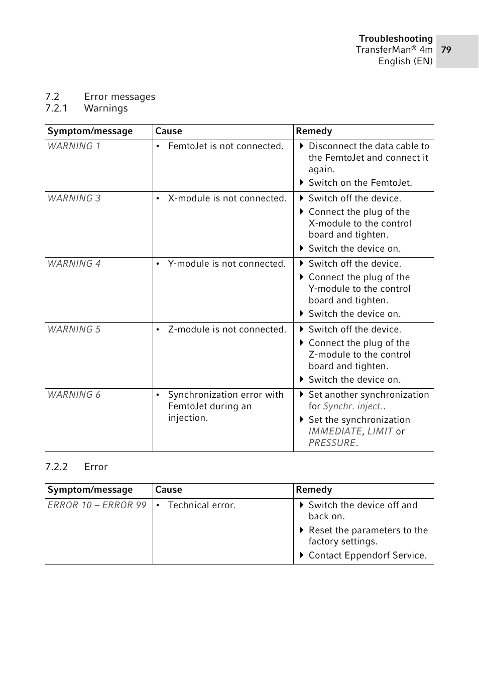 2 error messages, 1 warnings, 2 error | Error messages 7.2.1, Warnings, Error | Eppendorf TransferMan4 m User Manual | Page 79 / 96