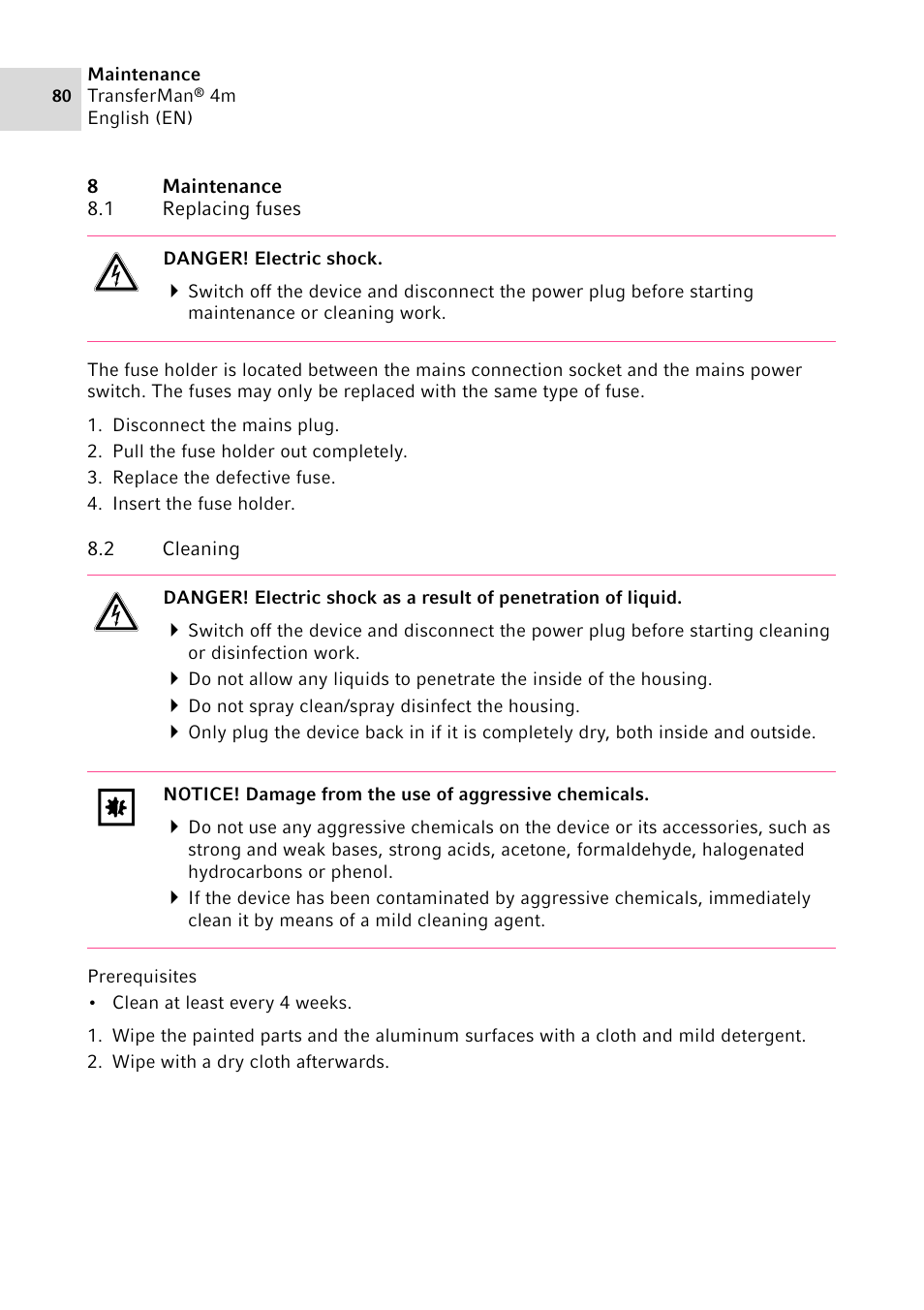 8 maintenance, 1 replacing fuses, 2 cleaning | Maintenance 8.1, Replacing fuses, Cleaning | Eppendorf TransferMan4 m User Manual | Page 80 / 96