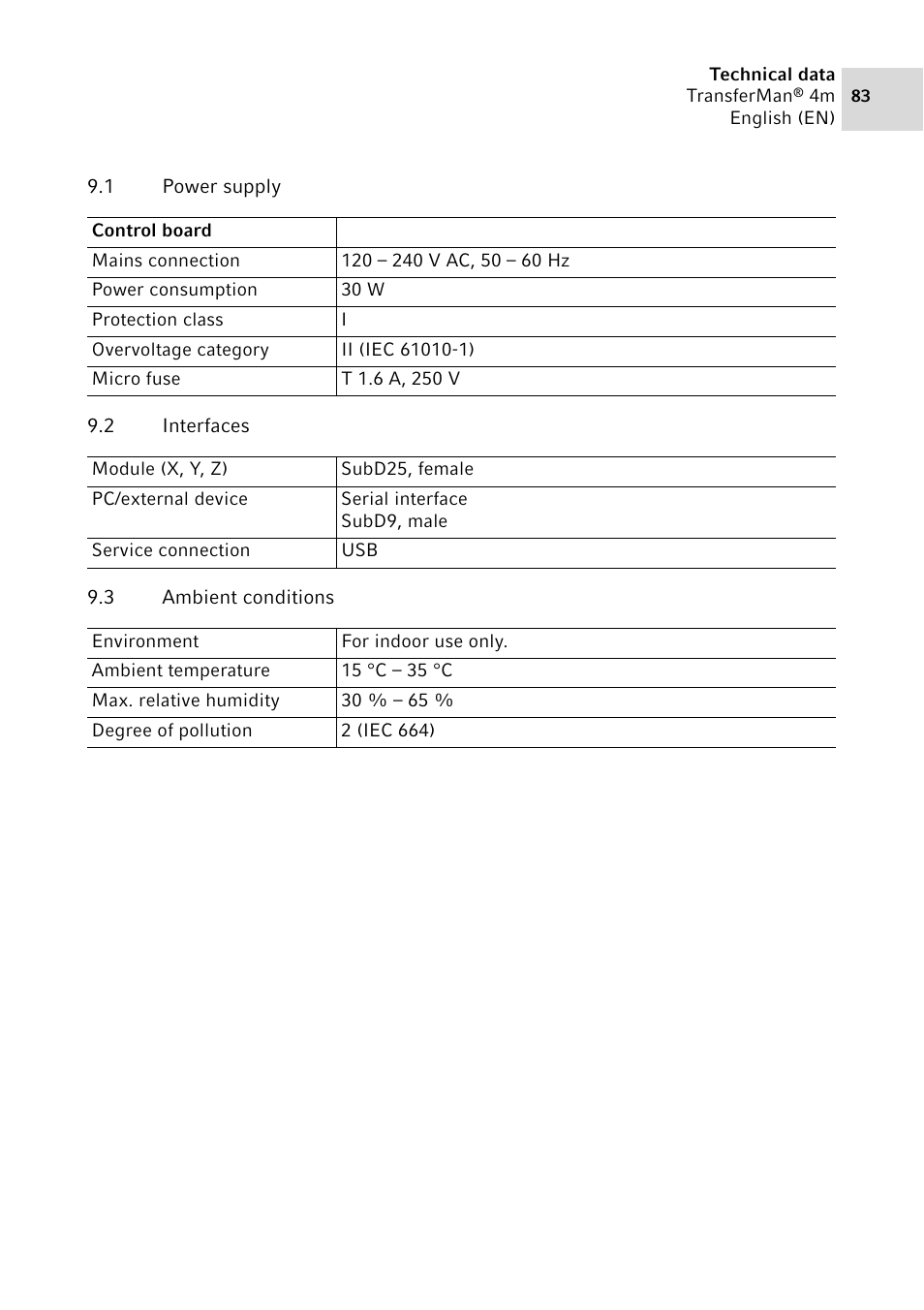 1 power supply, 2 interfaces, 3 ambient conditions | Power supply, Interfaces, Ambient conditions | Eppendorf TransferMan4 m User Manual | Page 83 / 96