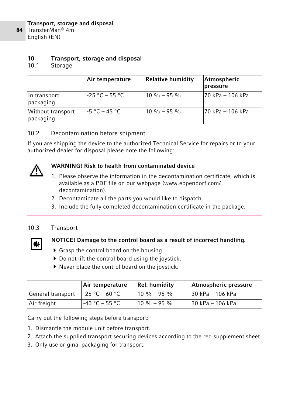 10 transport, storage and disposal, 1 storage, 2 decontamination before shipment | 3 transport, Storage, Decontamination before shipment, Transport | Eppendorf TransferMan4 m User Manual | Page 84 / 96