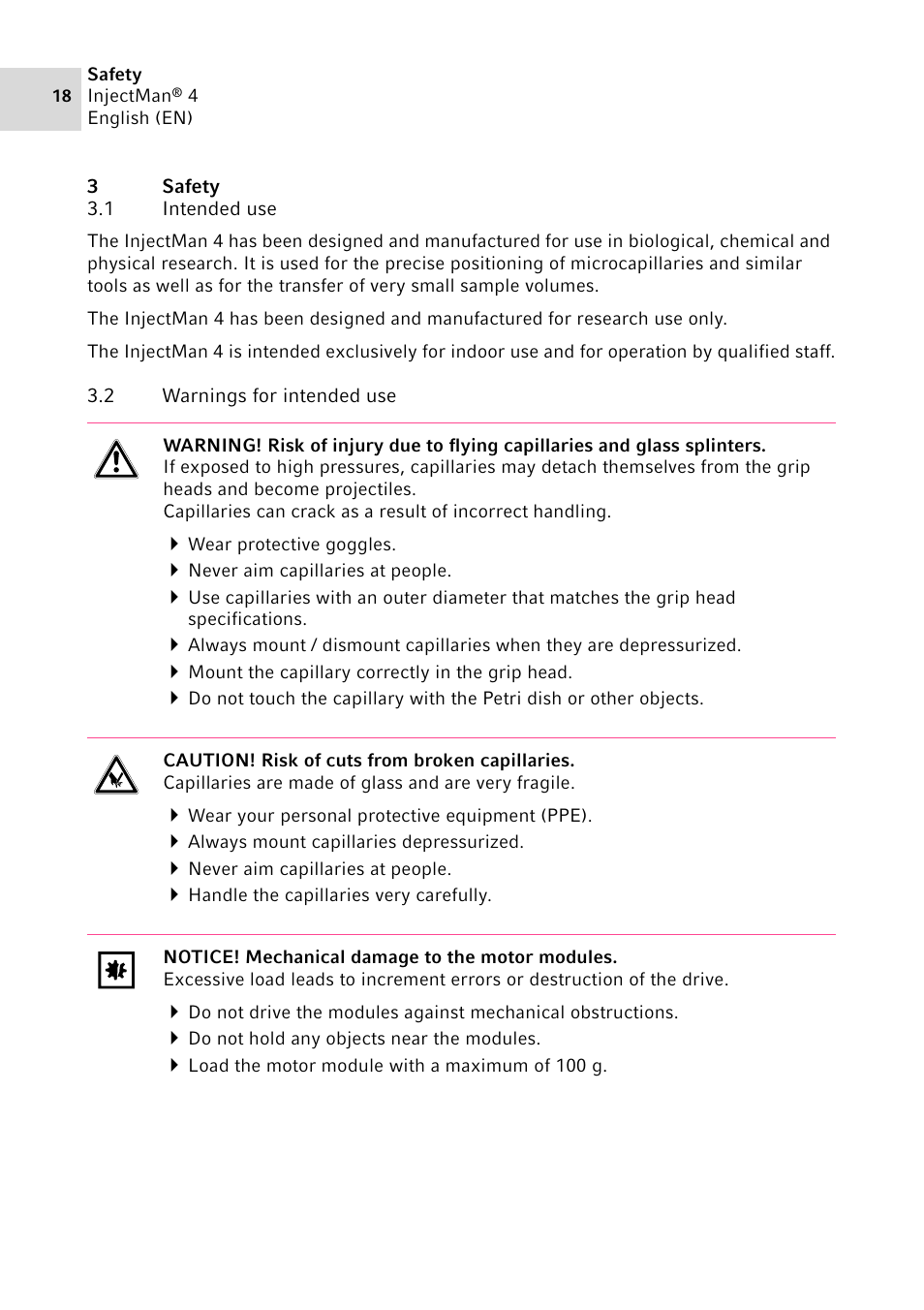 3 safety, 1 intended use, 2 warnings for intended use | Eppendorf InjectMan 4 User Manual | Page 18 / 100