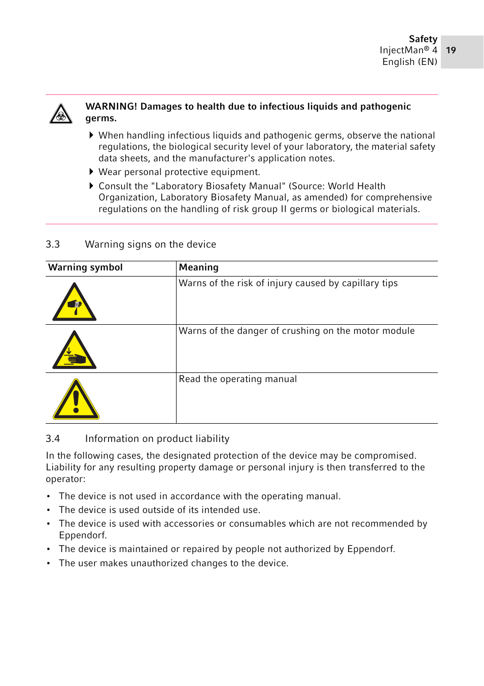 3 warning signs on the device, 4 information on product liability | Eppendorf InjectMan 4 User Manual | Page 19 / 100