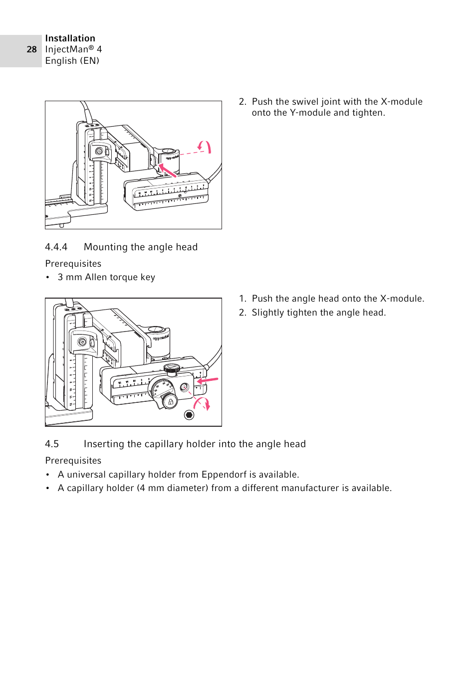 4 mounting the angle head | Eppendorf InjectMan 4 User Manual | Page 28 / 100