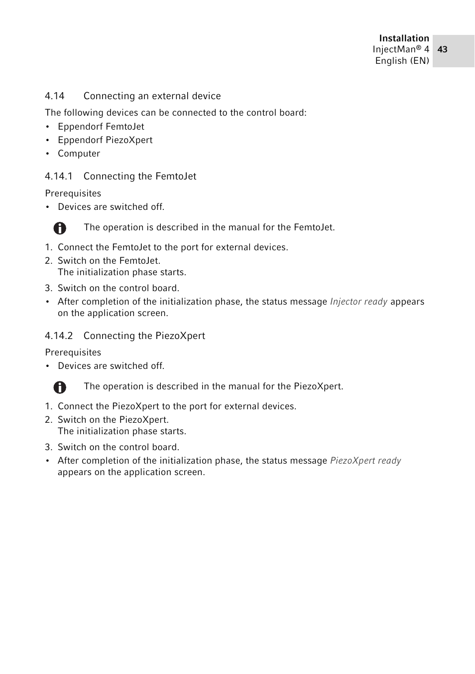 14 connecting an external device, 1 connecting the femtojet, 2 connecting the piezoxpert | Eppendorf InjectMan 4 User Manual | Page 43 / 100