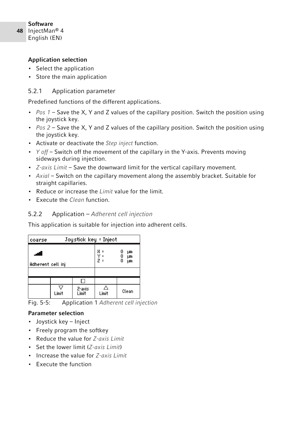 1 application parameter, 2 application – adherent cell injection | Eppendorf InjectMan 4 User Manual | Page 48 / 100