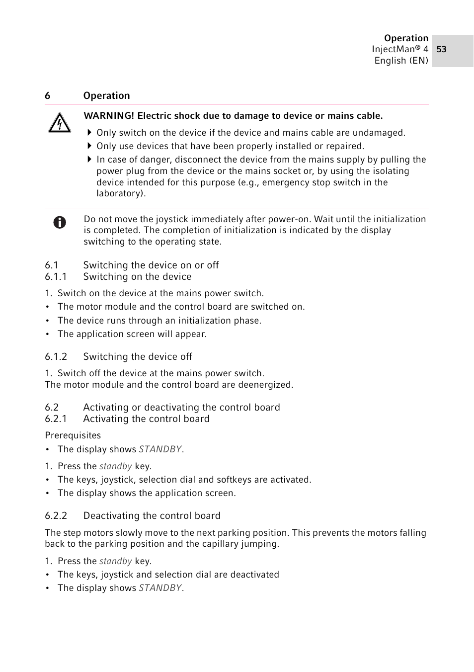 6 operation, 1 switching the device on or off, 1 switching on the device | 2 switching the device off, 2 activating or deactivating the control board, 1 activating the control board, 2 deactivating the control board | Eppendorf InjectMan 4 User Manual | Page 53 / 100