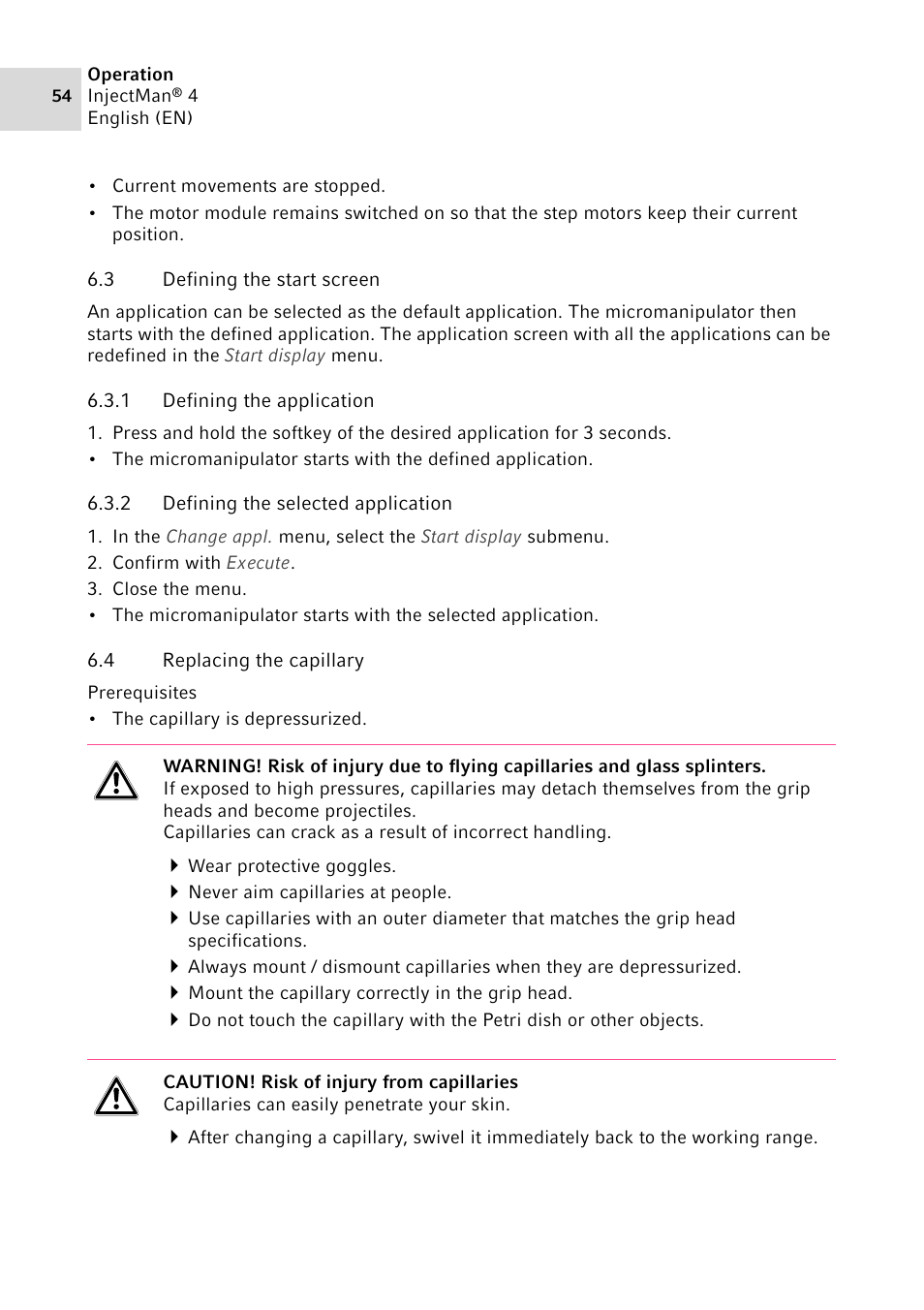 3 defining the start screen, 1 defining the application, 2 defining the selected application | 4 replacing the capillary | Eppendorf InjectMan 4 User Manual | Page 54 / 100