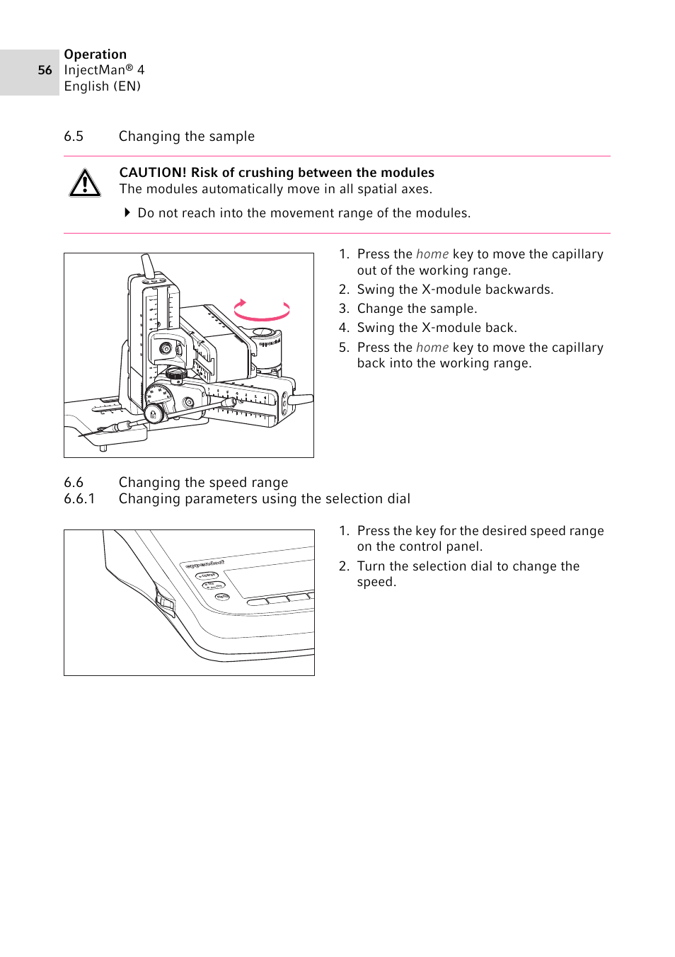5 changing the sample, 6 changing the speed range, 1 changing parameters using the selection dial | Eppendorf InjectMan 4 User Manual | Page 56 / 100
