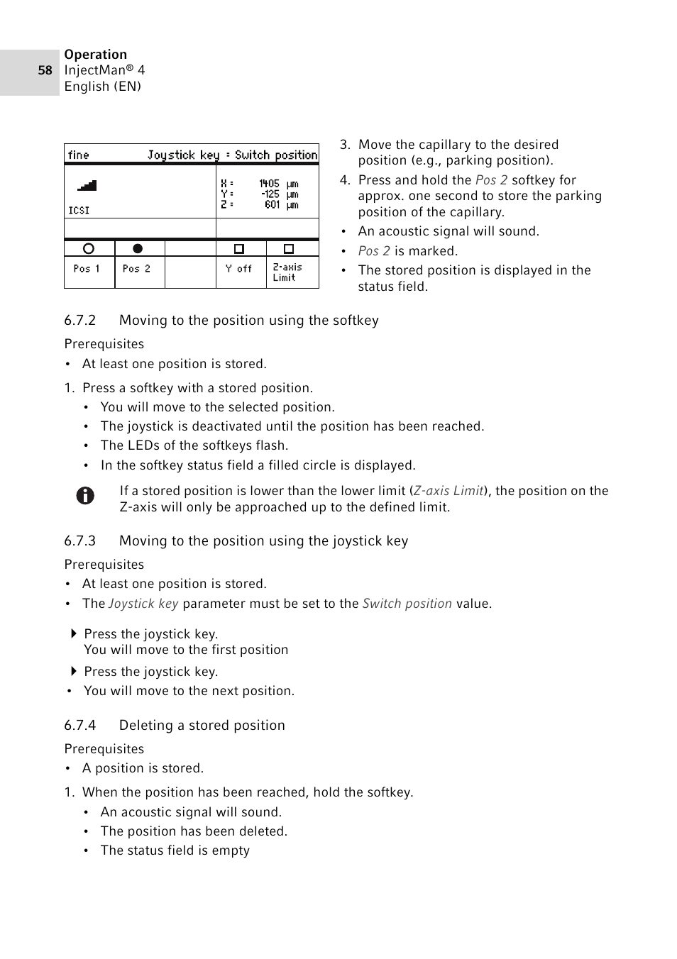 2 moving to the position using the softkey, 3 moving to the position using the joystick key, 4 deleting a stored position | Eppendorf InjectMan 4 User Manual | Page 58 / 100