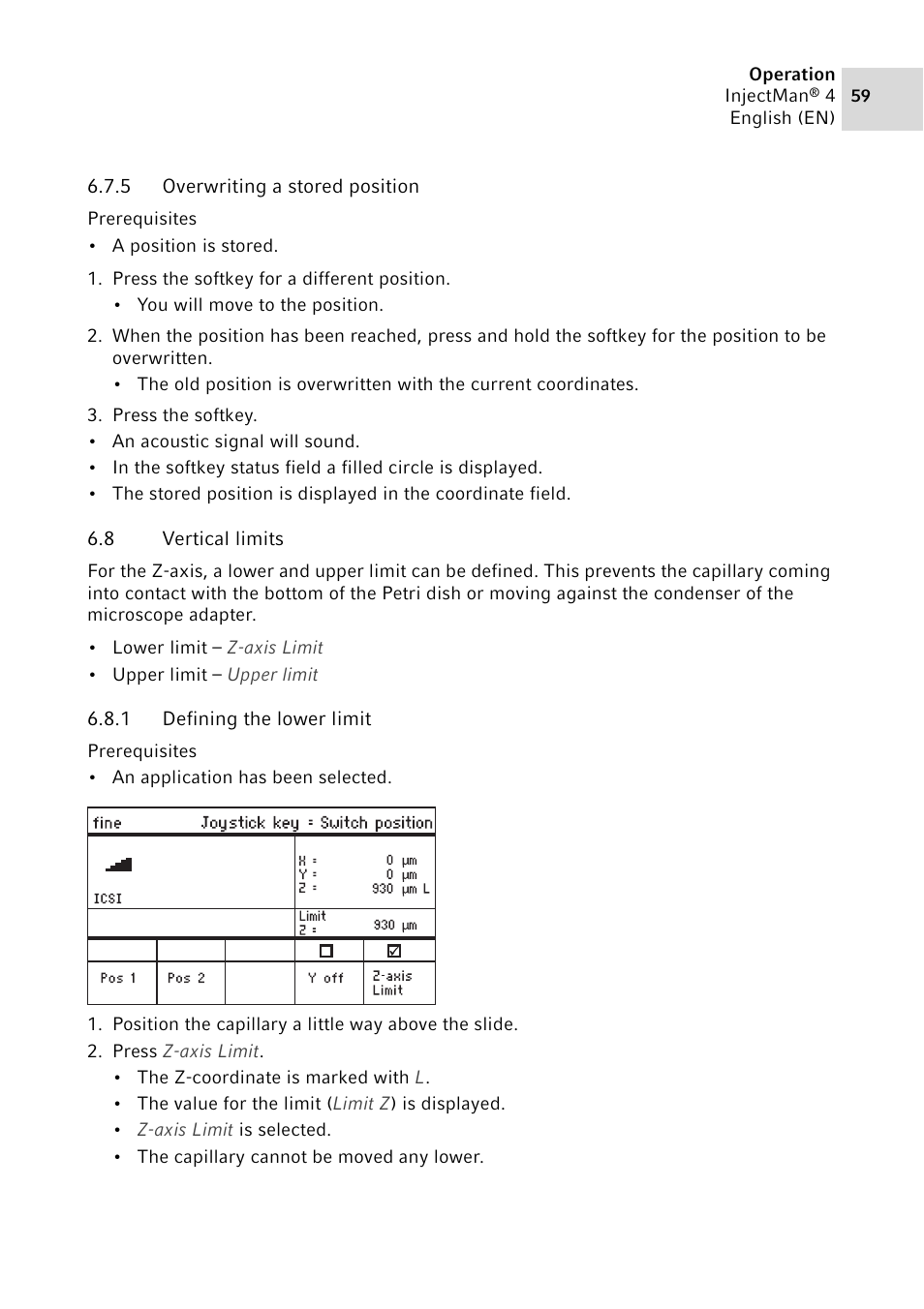 5 overwriting a stored position, 8 vertical limits, 1 defining the lower limit | Eppendorf InjectMan 4 User Manual | Page 59 / 100