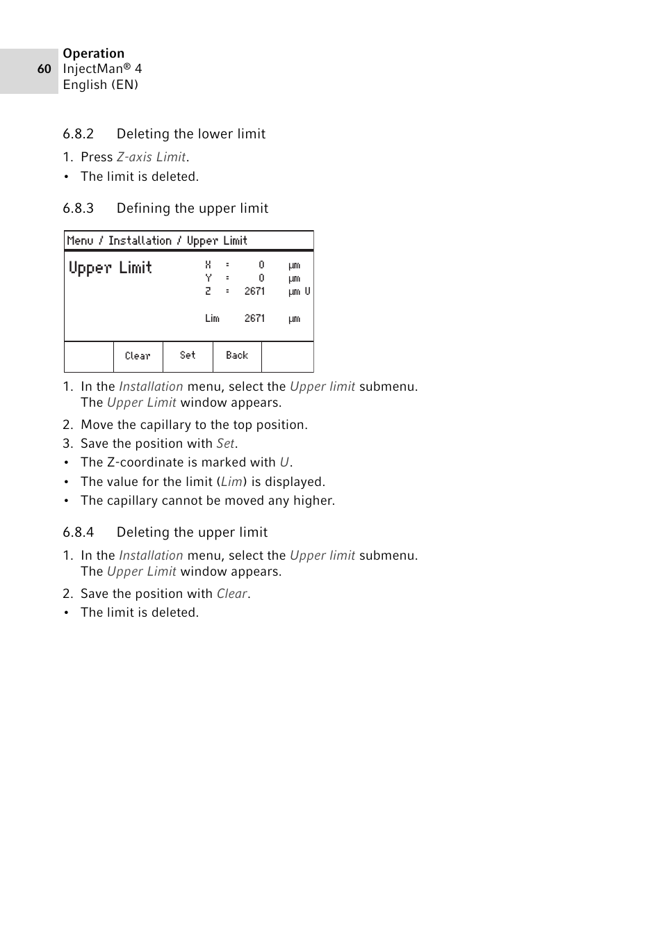2 deleting the lower limit, 3 defining the upper limit, 4 deleting the upper limit | Upper limit | Eppendorf InjectMan 4 User Manual | Page 60 / 100