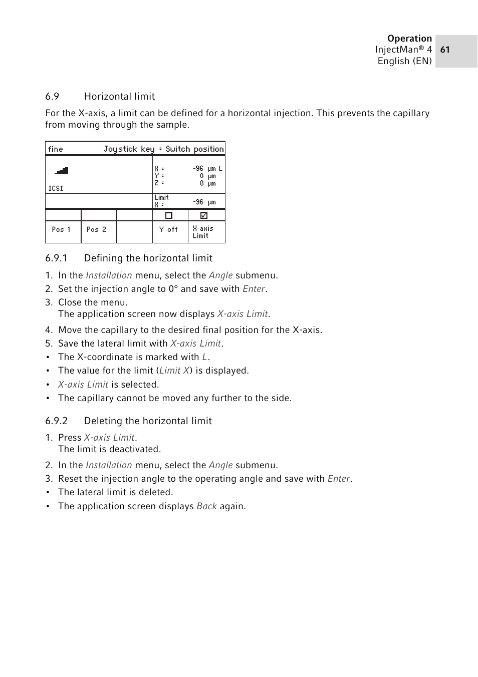 9 horizontal limit, 1 defining the horizontal limit, 2 deleting the horizontal limit | Eppendorf InjectMan 4 User Manual | Page 61 / 100