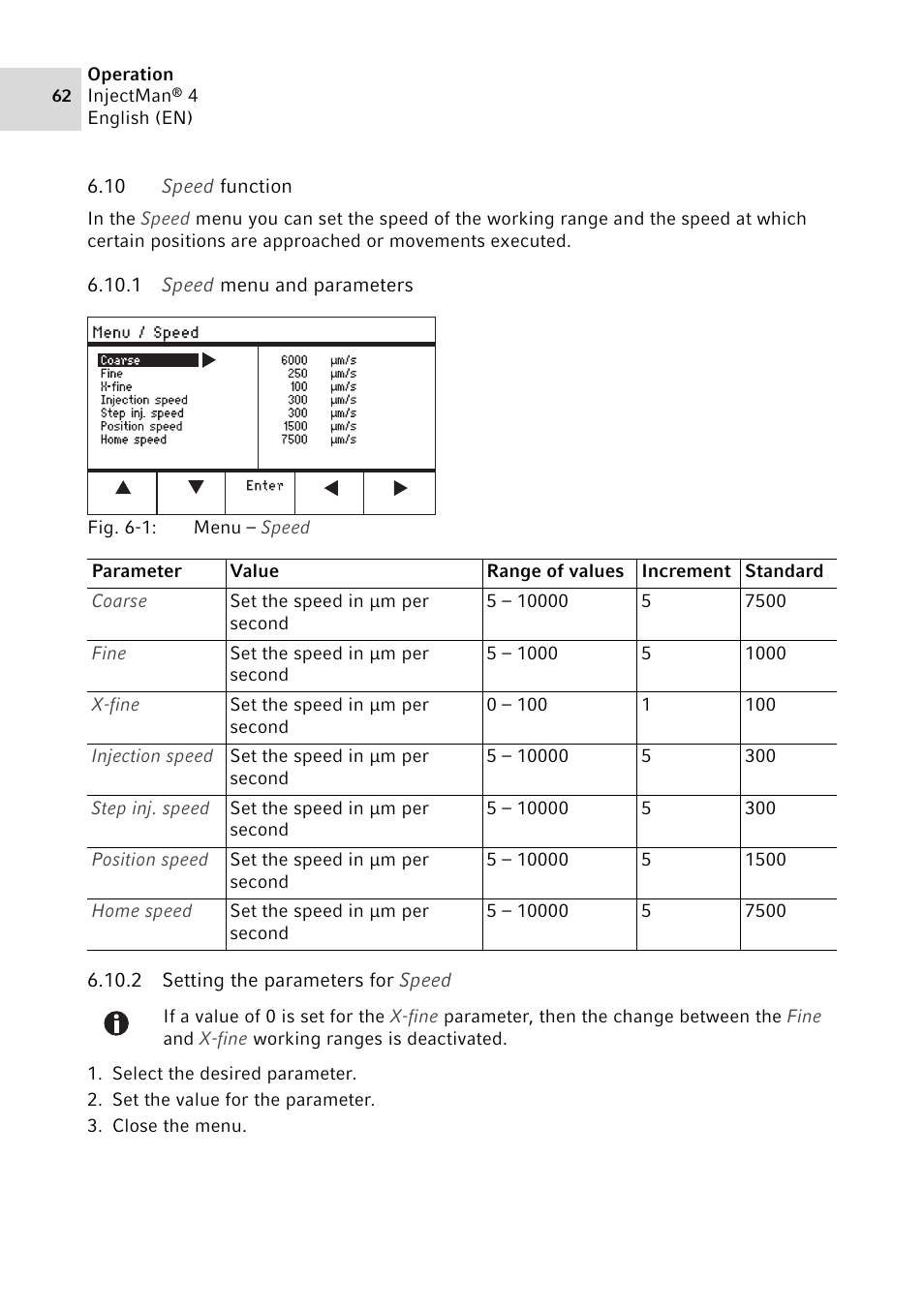 10 speed function, 1 speed menu and parameters, 2 setting the parameters for speed | Eppendorf InjectMan 4 User Manual | Page 62 / 100