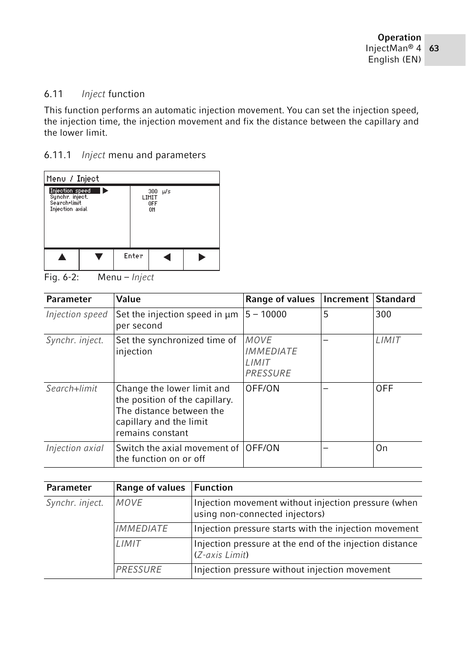 11 inject function, 1 inject menu and parameters | Eppendorf InjectMan 4 User Manual | Page 63 / 100