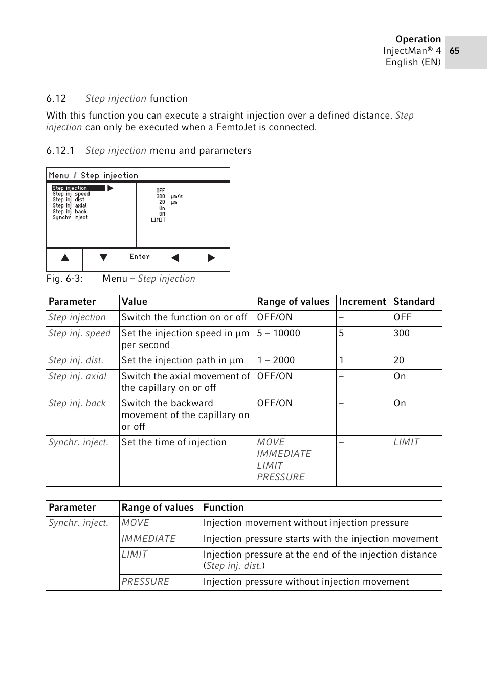 12 step injection function, 1 step injection menu and parameters | Eppendorf InjectMan 4 User Manual | Page 65 / 100