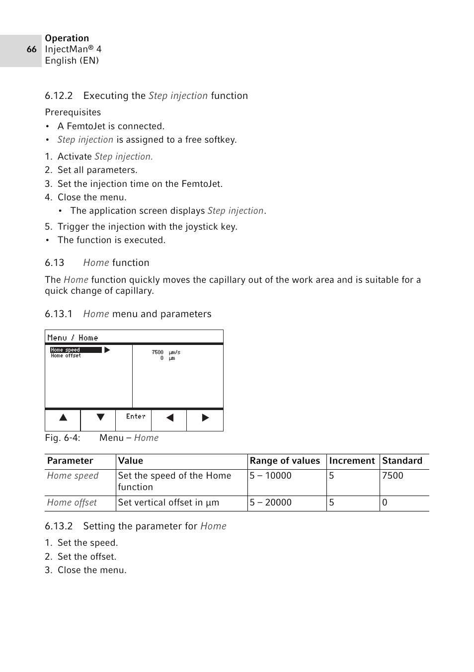 2 executing the step injection function, 13 home function, 1 home menu and parameters | 2 setting the parameter for home | Eppendorf InjectMan 4 User Manual | Page 66 / 100