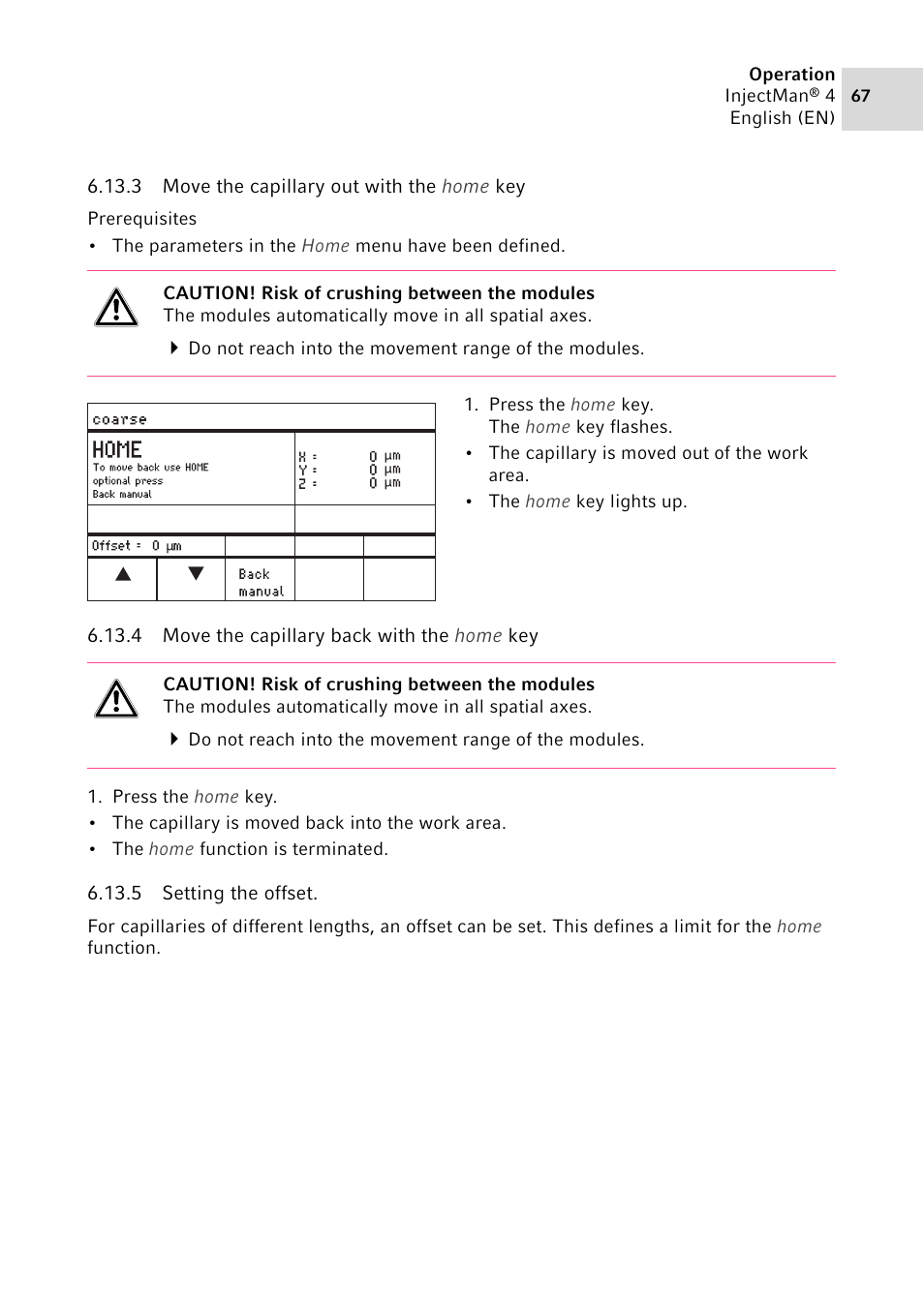 3 move the capillary out with the home key, 4 move the capillary back with the home key, 5 setting the offset | Eppendorf InjectMan 4 User Manual | Page 67 / 100
