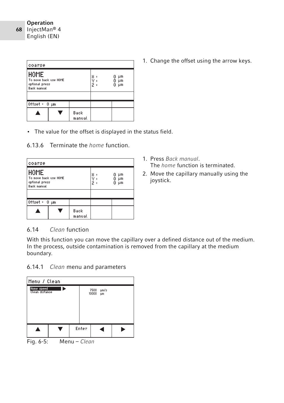 6 terminate the home function, 14 clean function, 1 clean menu and parameters | Eppendorf InjectMan 4 User Manual | Page 68 / 100