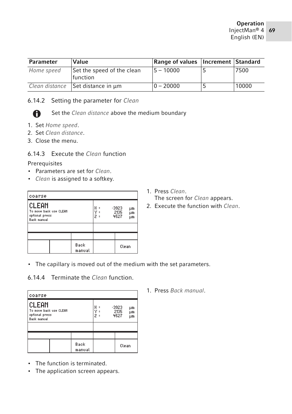 2 setting the parameter for clean, 3 execute the clean function, 4 terminate the clean function | Eppendorf InjectMan 4 User Manual | Page 69 / 100