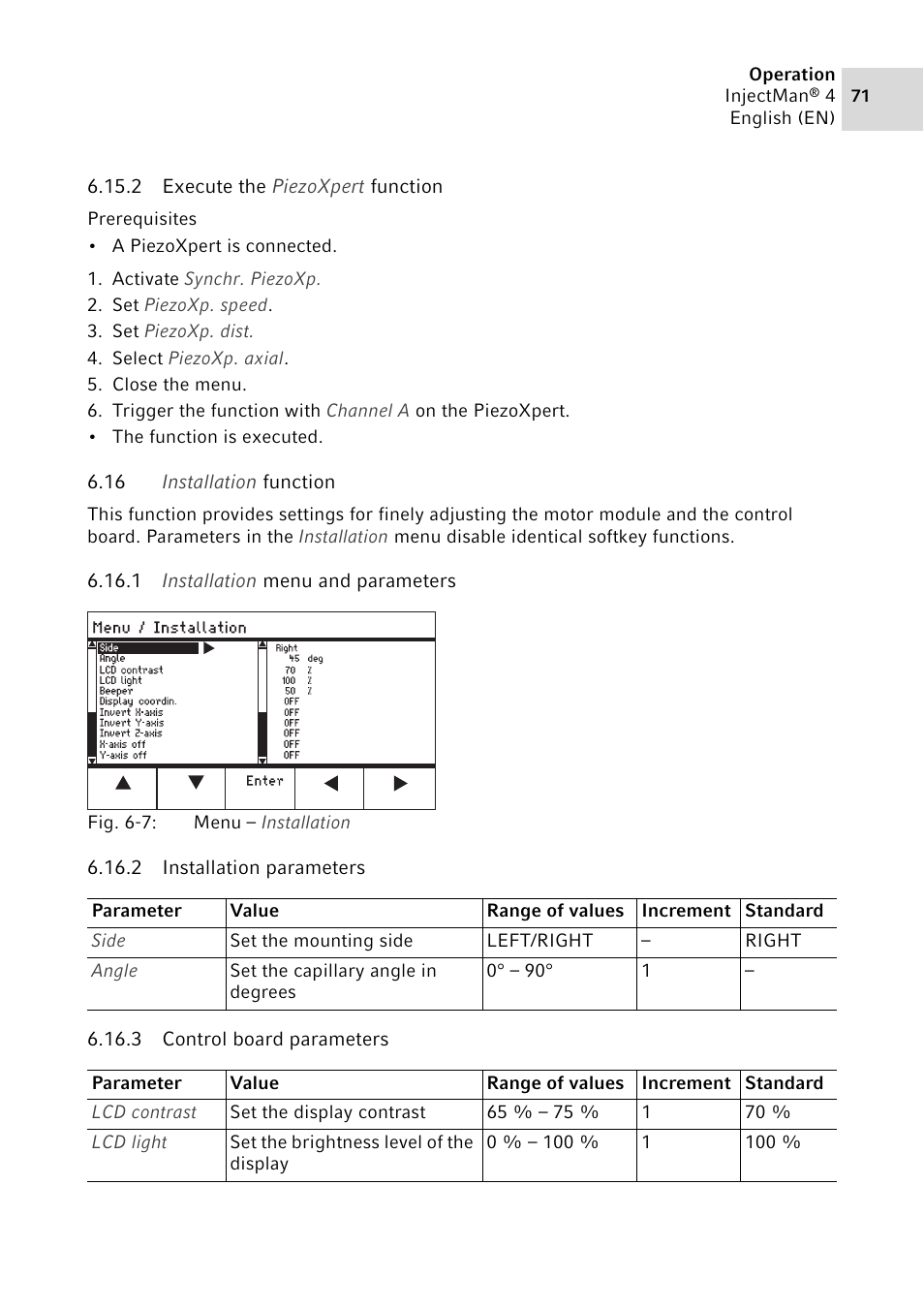 2 execute the piezoxpert function, 16 installation function, 1 installation menu and parameters | 2 installation parameters, 3 control board parameters | Eppendorf InjectMan 4 User Manual | Page 71 / 100