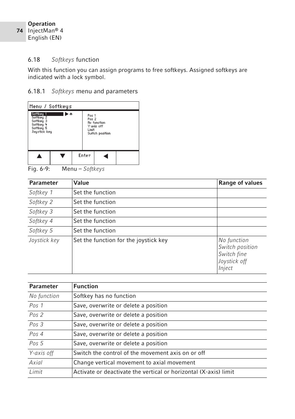 18 softkeys function, 1 softkeys menu and parameters | Eppendorf InjectMan 4 User Manual | Page 74 / 100