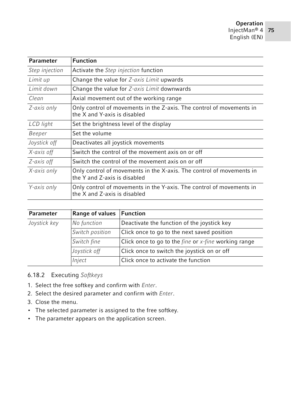 2 executing softkeys | Eppendorf InjectMan 4 User Manual | Page 75 / 100