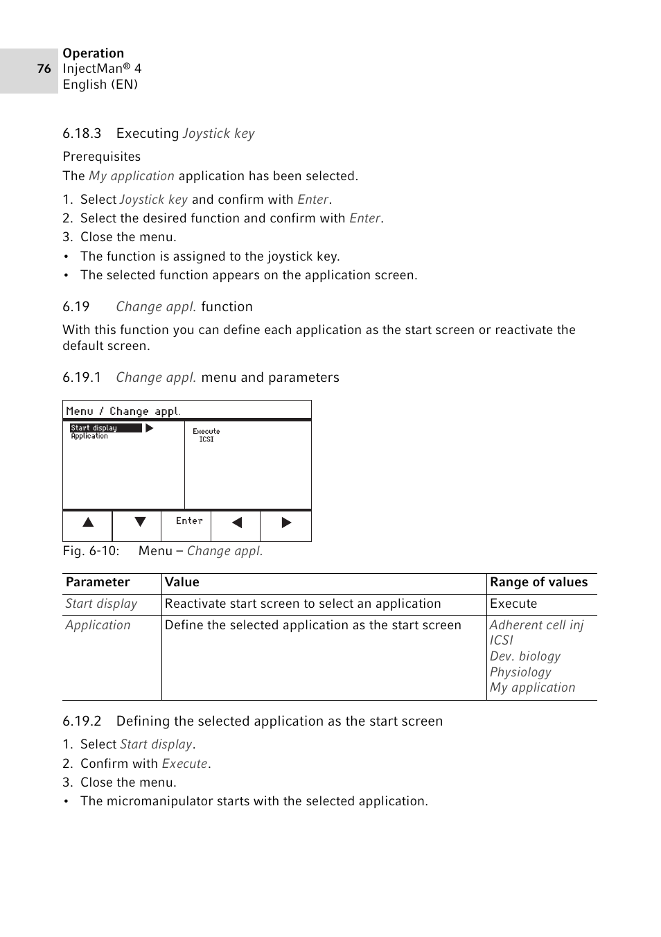 3 executing joystick key, 19 change appl. function, 1 change appl. menu and parameters | Eppendorf InjectMan 4 User Manual | Page 76 / 100