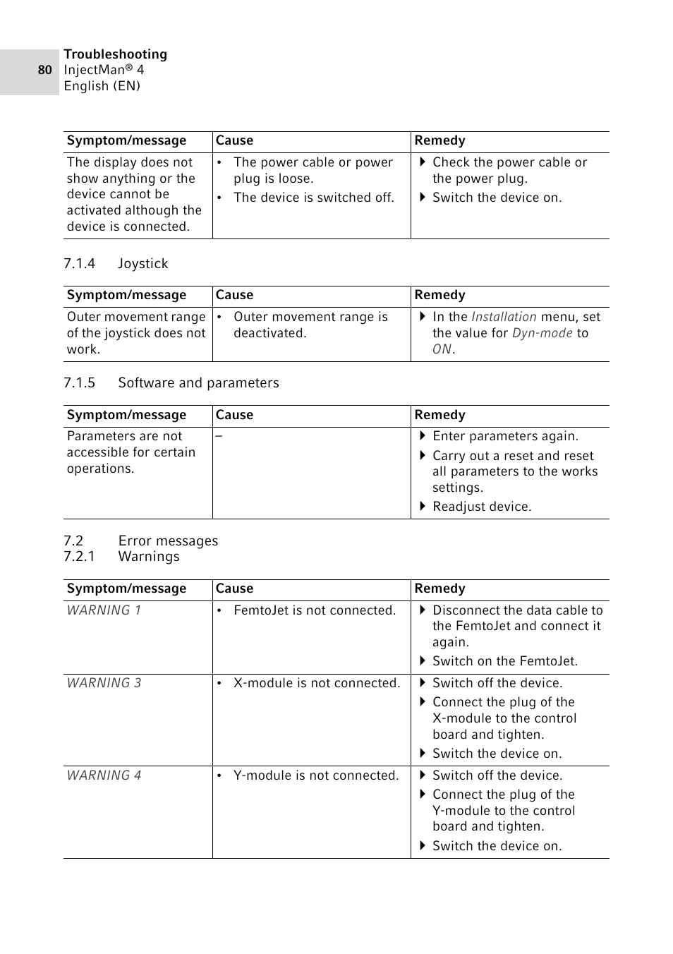 4 joystick, 5 software and parameters, 2 error messages | 1 warnings | Eppendorf InjectMan 4 User Manual | Page 80 / 100