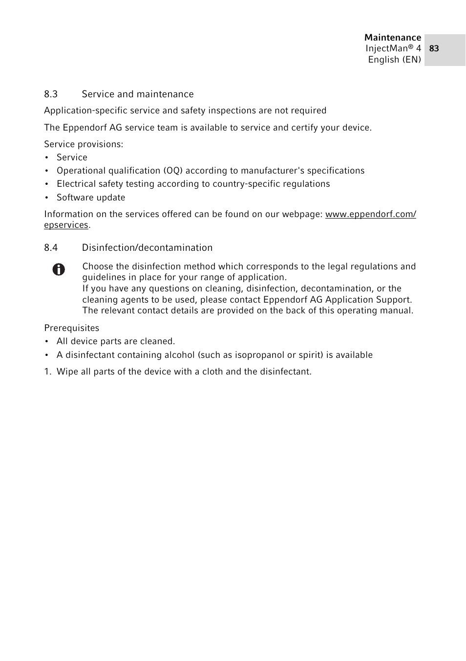 3 service and maintenance, 4 disinfection/decontamination | Eppendorf InjectMan 4 User Manual | Page 83 / 100