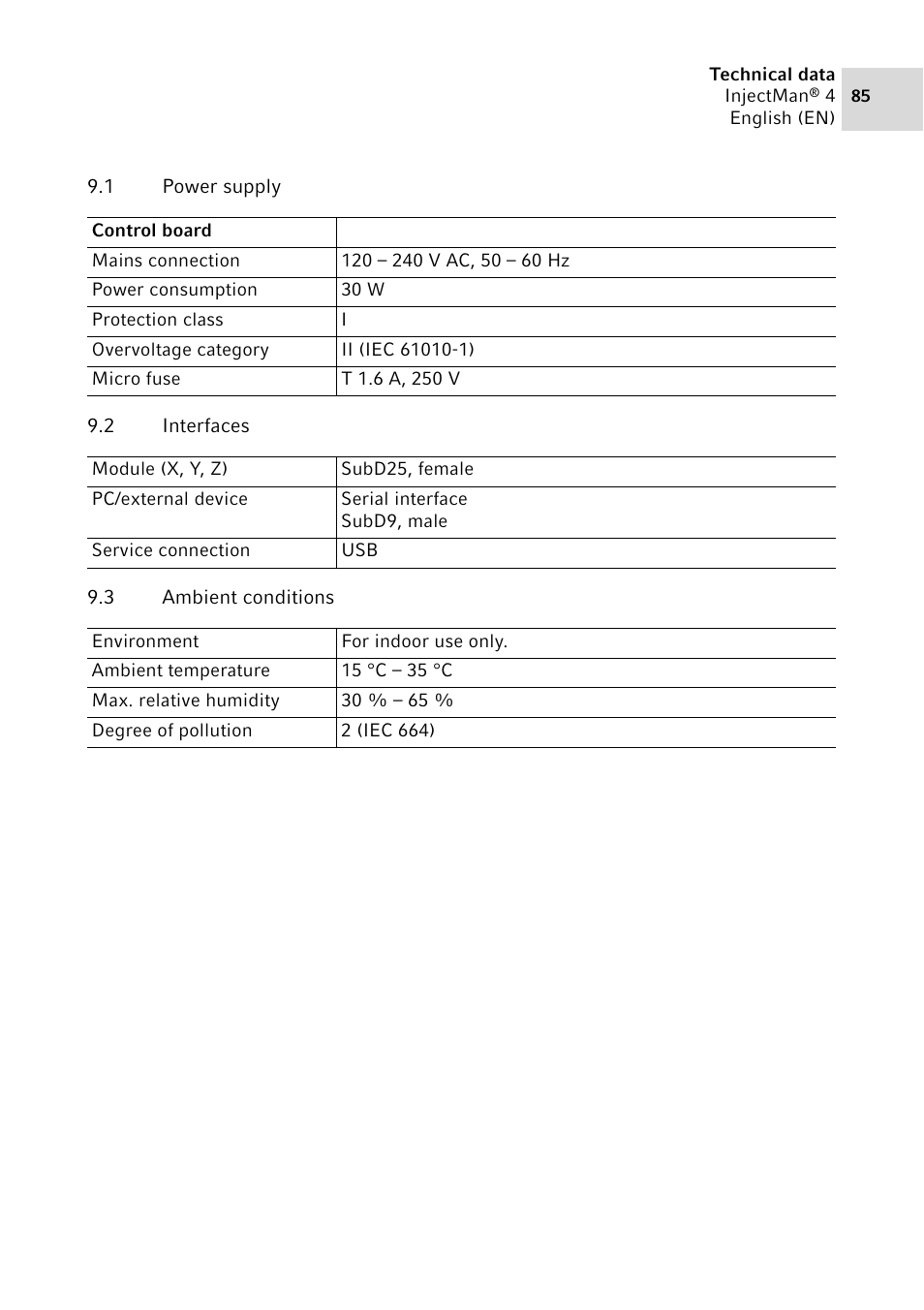 1 power supply, 2 interfaces, 3 ambient conditions | Eppendorf InjectMan 4 User Manual | Page 85 / 100