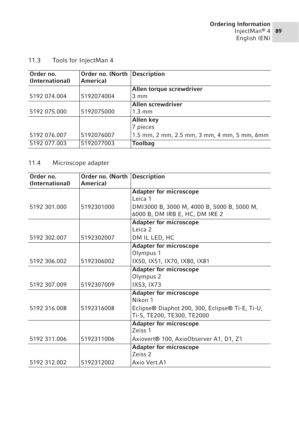 3 tools for injectman 4, 4 microscope adapter | Eppendorf InjectMan 4 User Manual | Page 89 / 100