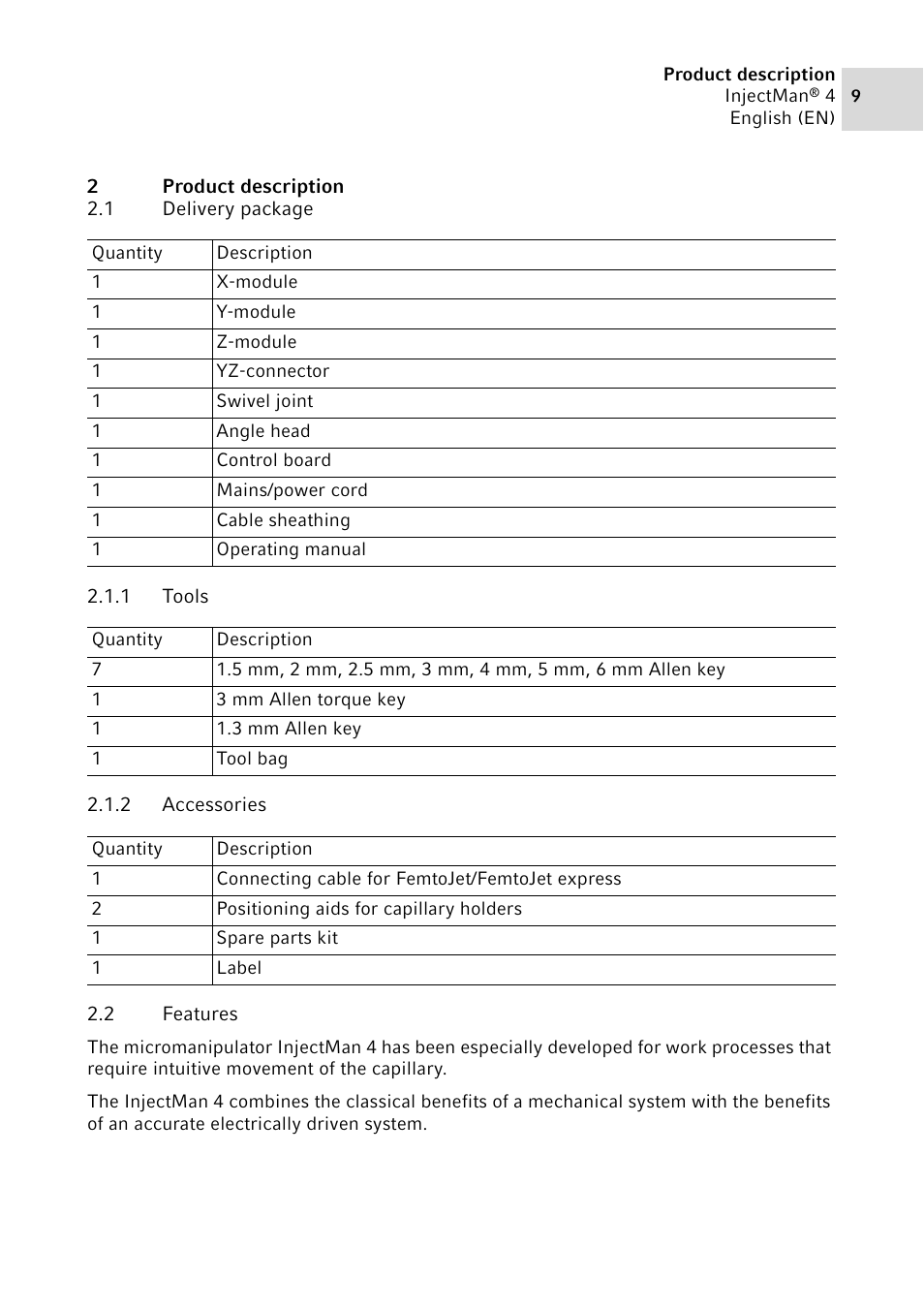 2 product description, 1 delivery package, 1 tools | 2 accessories, 2 features | Eppendorf InjectMan 4 User Manual | Page 9 / 100