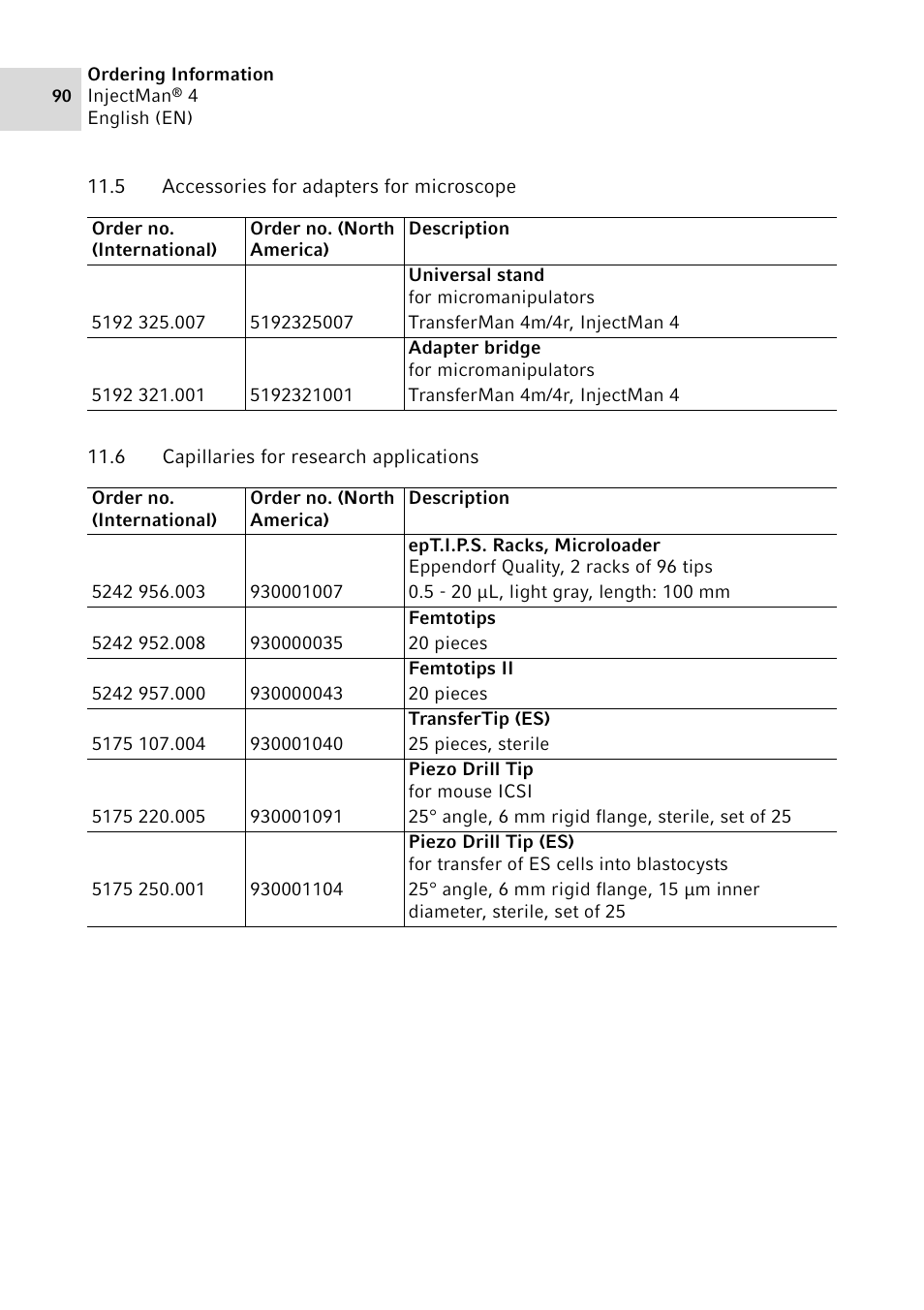 5 accessories for adapters for microscope, 6 capillaries for research applications | Eppendorf InjectMan 4 User Manual | Page 90 / 100