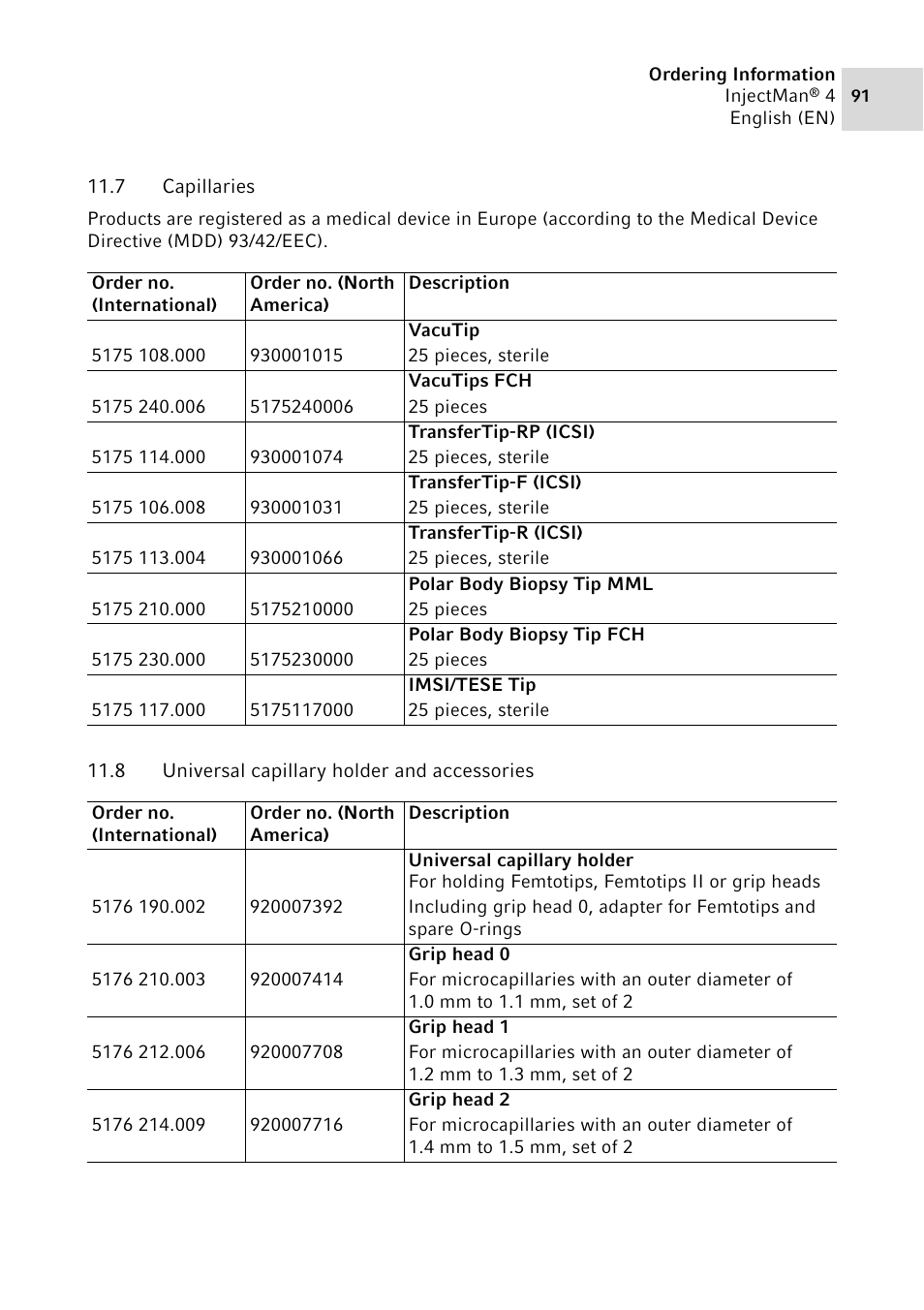 7 capillaries, 8 universal capillary holder and accessories | Eppendorf InjectMan 4 User Manual | Page 91 / 100