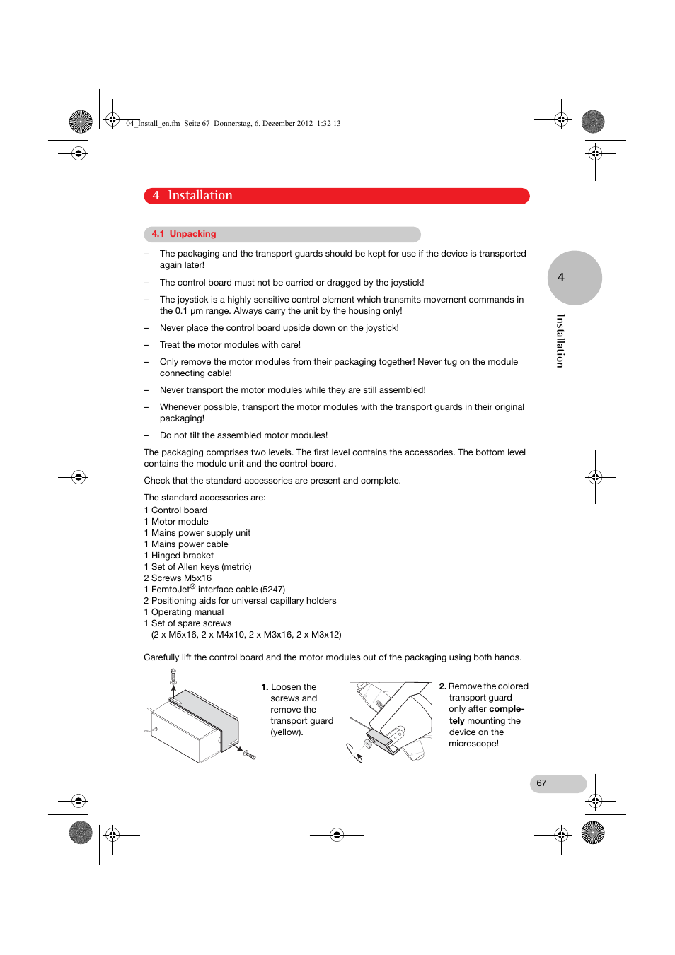 04_install_en.fm, 4 installation 4, Installation | Eppendorf InjectMan NI 2 User Manual | Page 14 / 60