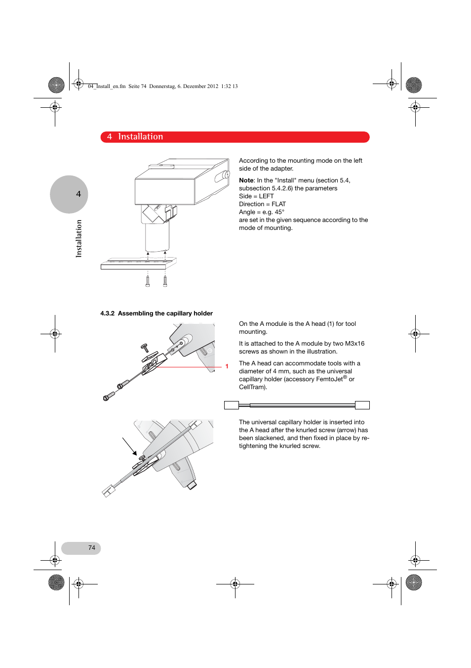 4 installation 4, Installation | Eppendorf InjectMan NI 2 User Manual | Page 21 / 60
