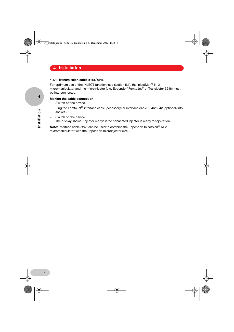 4 installation, Installation | Eppendorf InjectMan NI 2 User Manual | Page 23 / 60