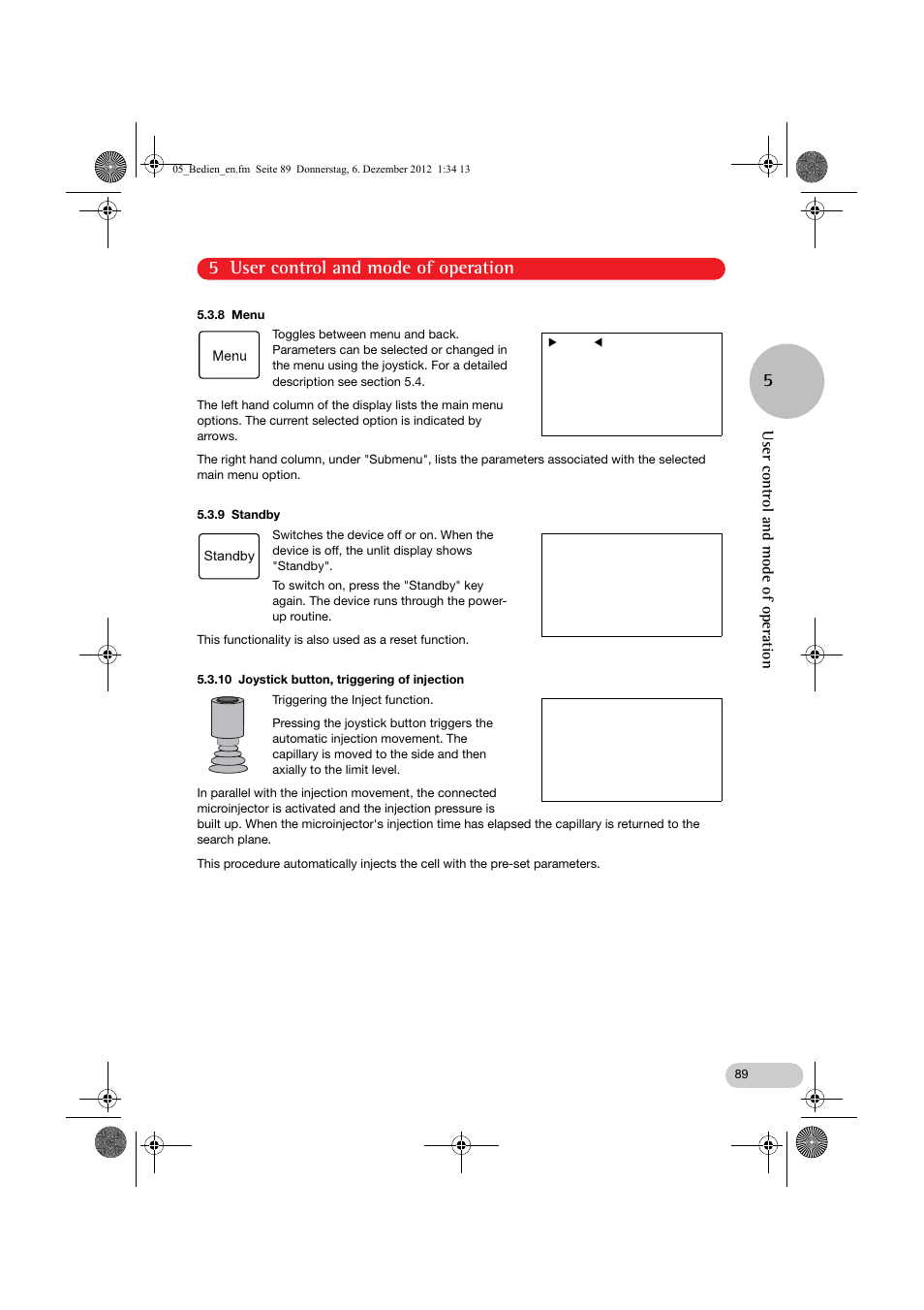 Standby, Inject, 5 user control and mode of operation 5 | Eppendorf InjectMan NI 2 User Manual | Page 36 / 60