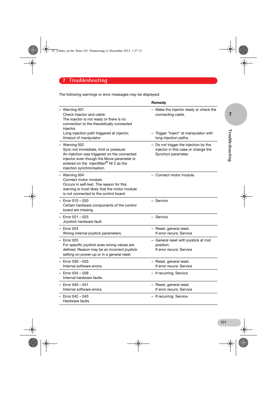 7 troubleshooting, Troubleshooting | Eppendorf InjectMan NI 2 User Manual | Page 48 / 60