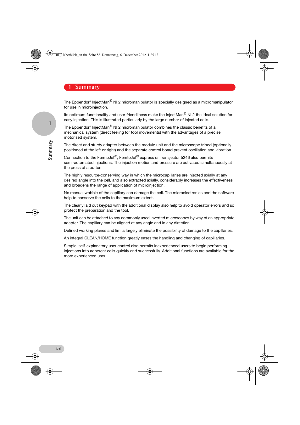 01_ueberblick_en.fm, 1 summary 1, Summary | Eppendorf InjectMan NI 2 User Manual | Page 5 / 60