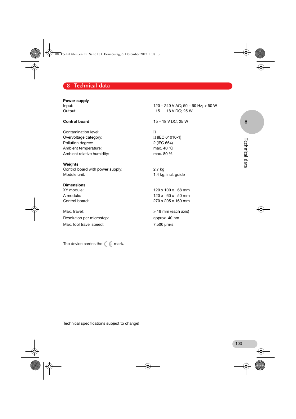 08_techndaten_en.fm, 8 technical data 8, Technical data | Eppendorf InjectMan NI 2 User Manual | Page 50 / 60