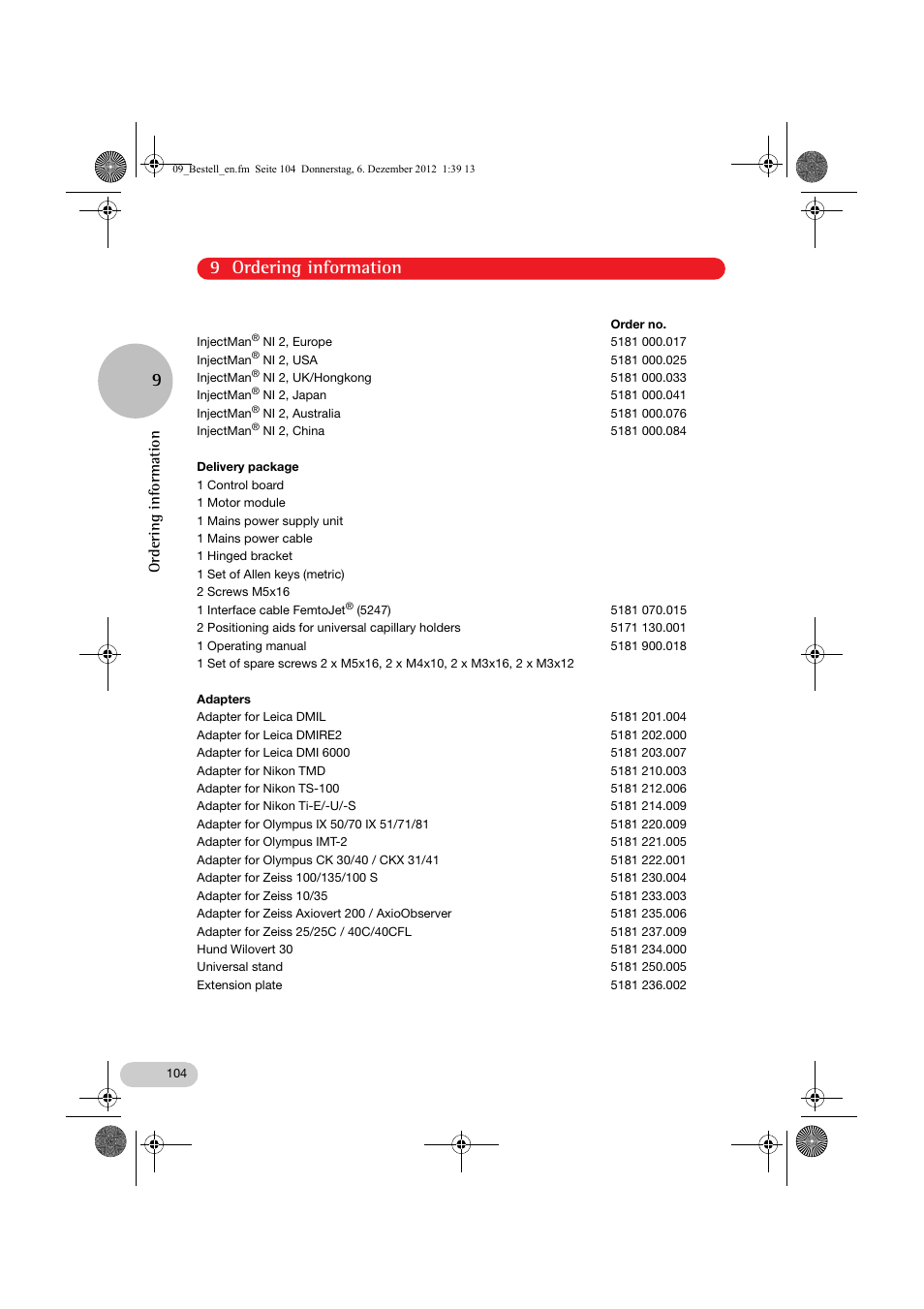 09_bestell_en.fm, 9 ordering information 9, Ordering information | Eppendorf InjectMan NI 2 User Manual | Page 51 / 60