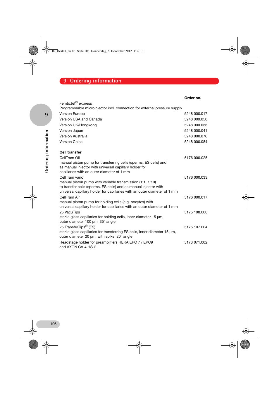 9 ordering information 9, Ordering information | Eppendorf InjectMan NI 2 User Manual | Page 53 / 60