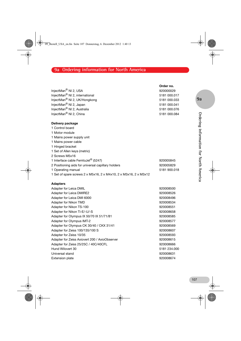 09_bestell_usa_en.fm, 9a ordering information for north america, Ordering information for north america | Eppendorf InjectMan NI 2 User Manual | Page 54 / 60