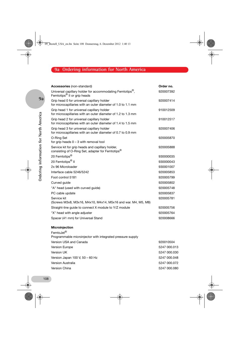 9a ordering information for north america 9a, Ordering information for north america | Eppendorf InjectMan NI 2 User Manual | Page 55 / 60