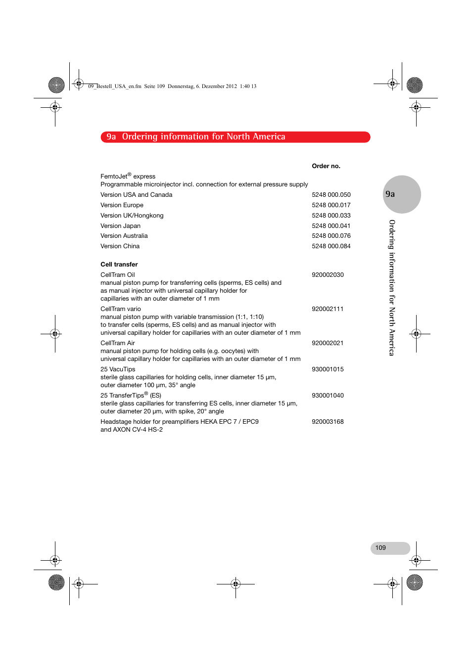 9a ordering information for north america, Ordering information for north america | Eppendorf InjectMan NI 2 User Manual | Page 56 / 60